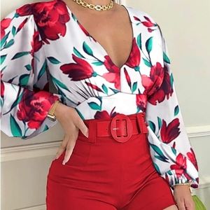 Two Piece Shorts Blouse Floral Red Set